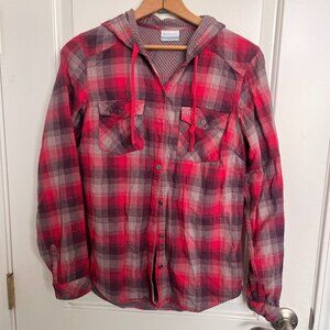 Columbia Womens Plaid Hooded Shirt Button Down Long Sleeve Pink Gray XS